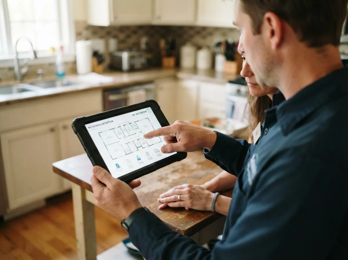 Water damage restoration technician inspecting a home in Hartville, MO
